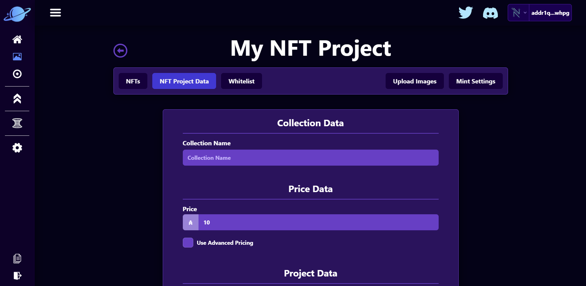 NFT Project Data Page