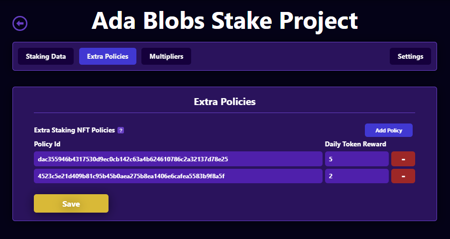 Stake Policies adding two new policies and daily token distribution