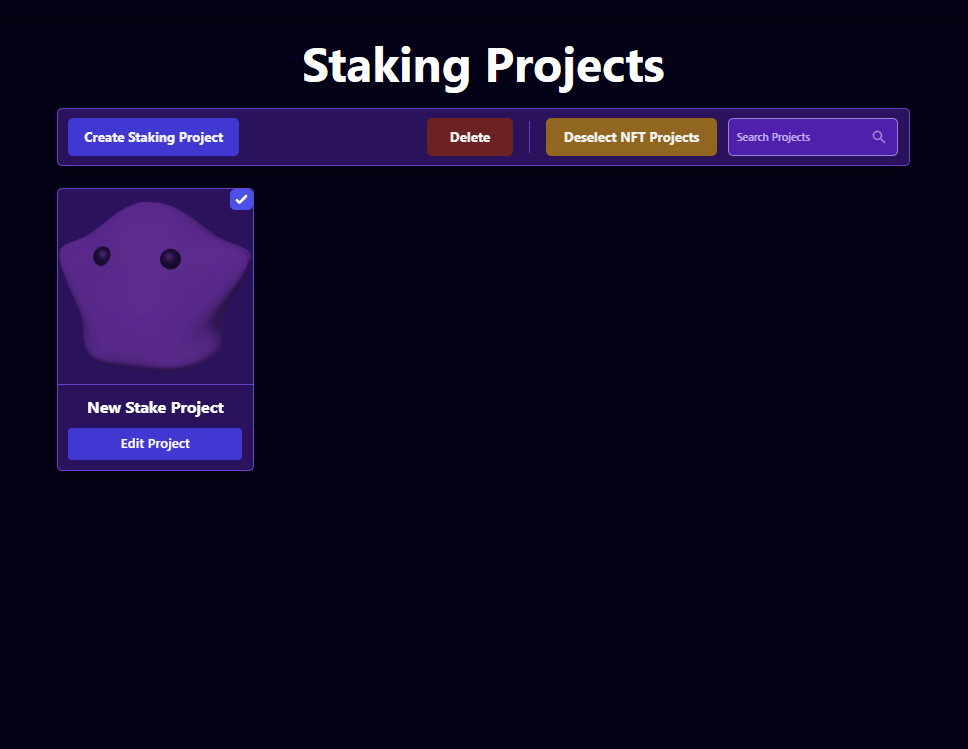 Stake Project Page selecting a project