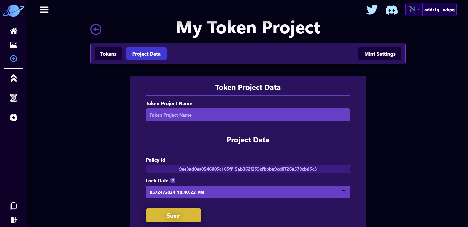 Token Project Data Page